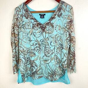 Vtg 90s Y2K Bob Mackie Womens Tunic Top Sz L Silk Fairy Boho Artsy Resort V Neck
